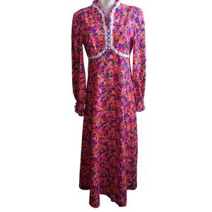 sz 8 1OF1 Vintage Floral Maxi Dress Lace Trim Peasant Boho Prairie Handmade Pink